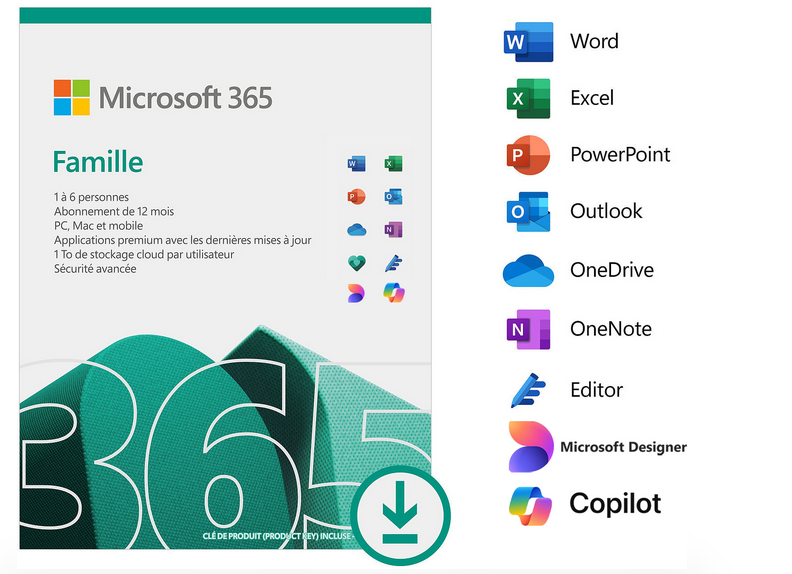 Microsoft 365 Famille Français - abonnement 12 mois pour 6 personnes (PC, Mac, iOS et Android)